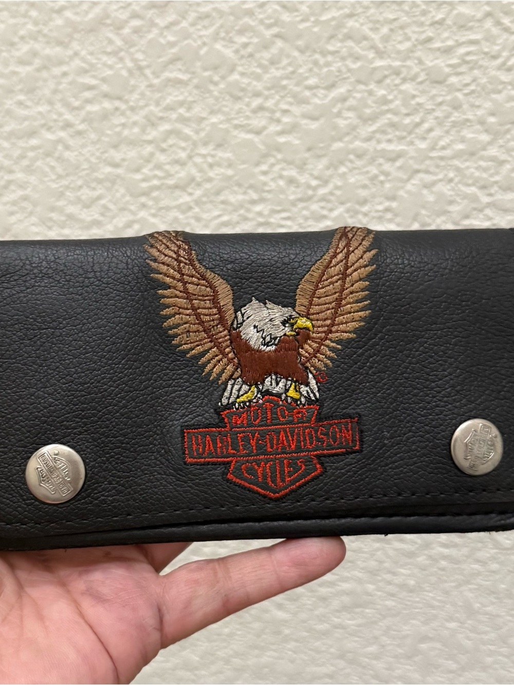 Vintage Harley-Davidson Black Embroidered Eagle Biker Wallet 6”X3.5” NO CHAIN - Picture 3 of 15